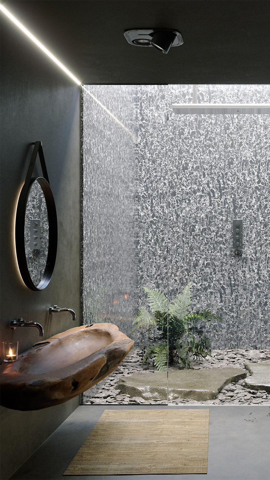 Outdoor-Badezimmer mit Wänden aus Technistone®-Wandfliesen