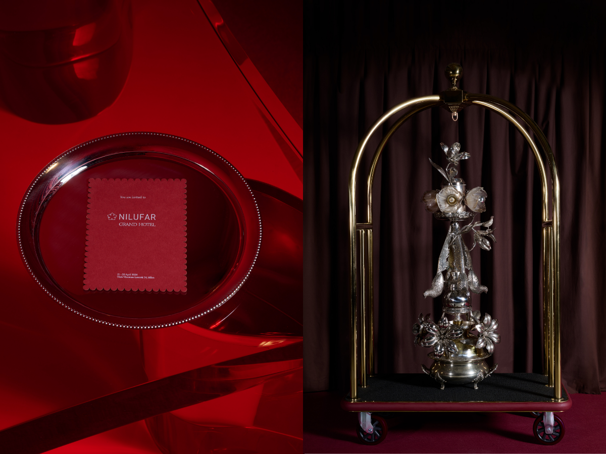 Collage aus zwei Bilder, die einmal das rote Branding der Ausstellung sowie einen Gegenstand aus der Installation zeigen.