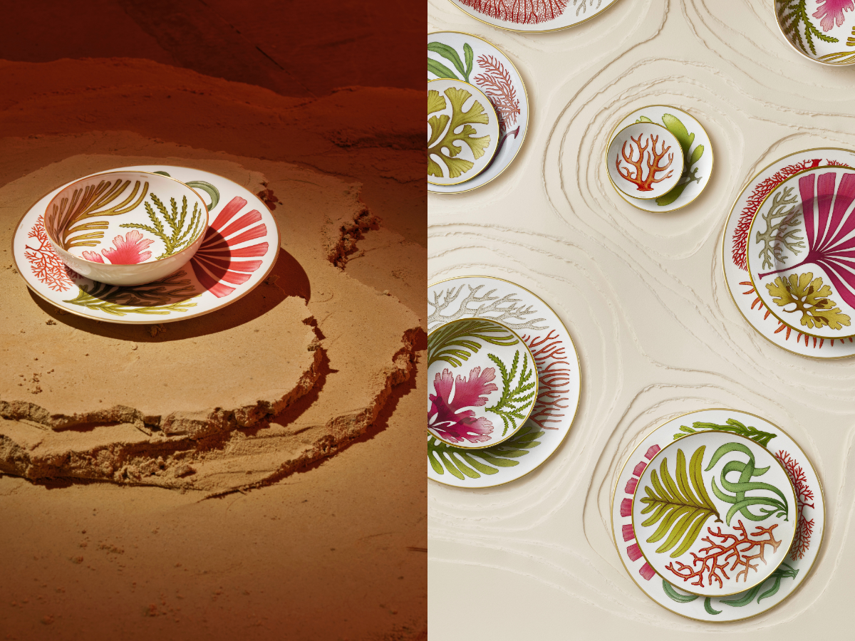 Collage aus zwei Bildern mit dem Geschirr aus der neuen Geschirrkollektion von Herm&egrave;s.
