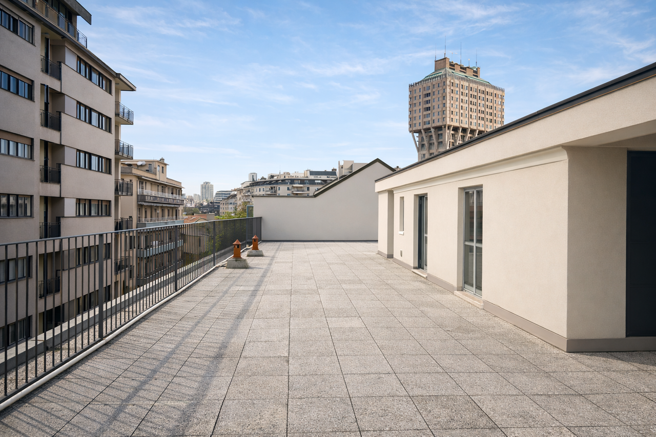 Blick auf die Dachterrasse des Convey Building während der Milano Design Week 2026, im Hintergrund der Torre Velasca.