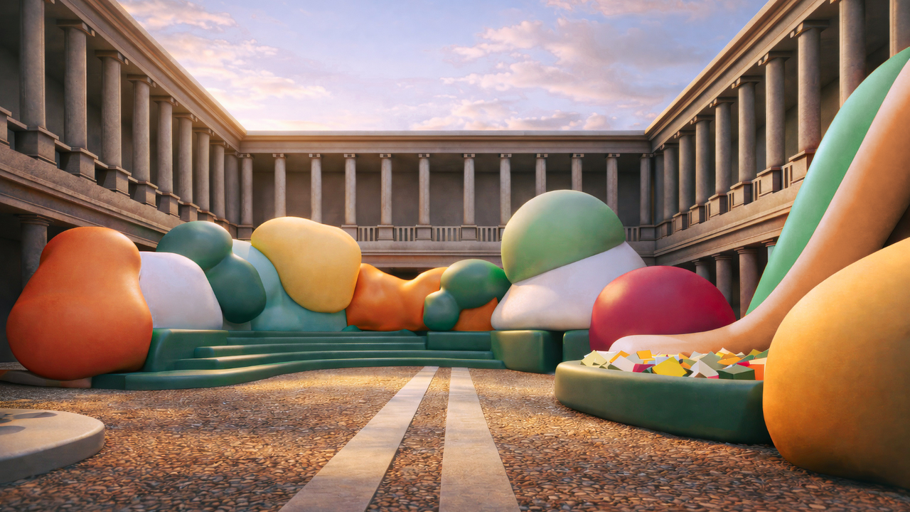 Blick in den Innenhof des Palazzo del Senato mit den Knetfiguren von &Scaron;koda und dem Ulises Studio.