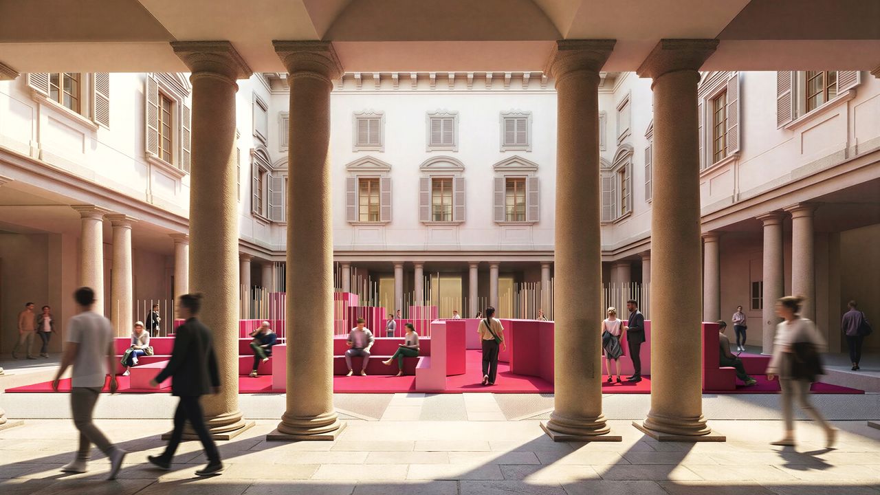 Blick auf die Ausstellung Metamorphosis in Motion von Lina Ghotmeh im Palazzo Litta. 