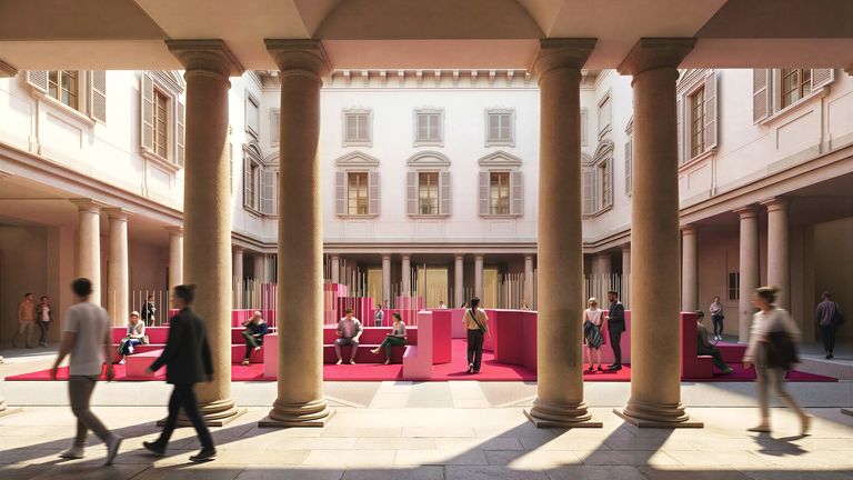 Blick auf die Ausstellung Metamorphosis in Motion von Lina Ghotmeh im Palazzo Litta. 