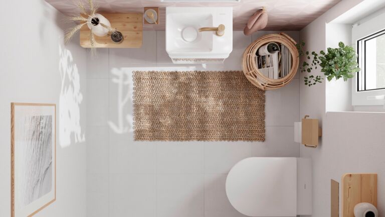Mit cleveren Designentscheidungen lässt sich auch ein kleines Bad schön und praktisch einrichten kleines Bad aus der Vogelperspektive
